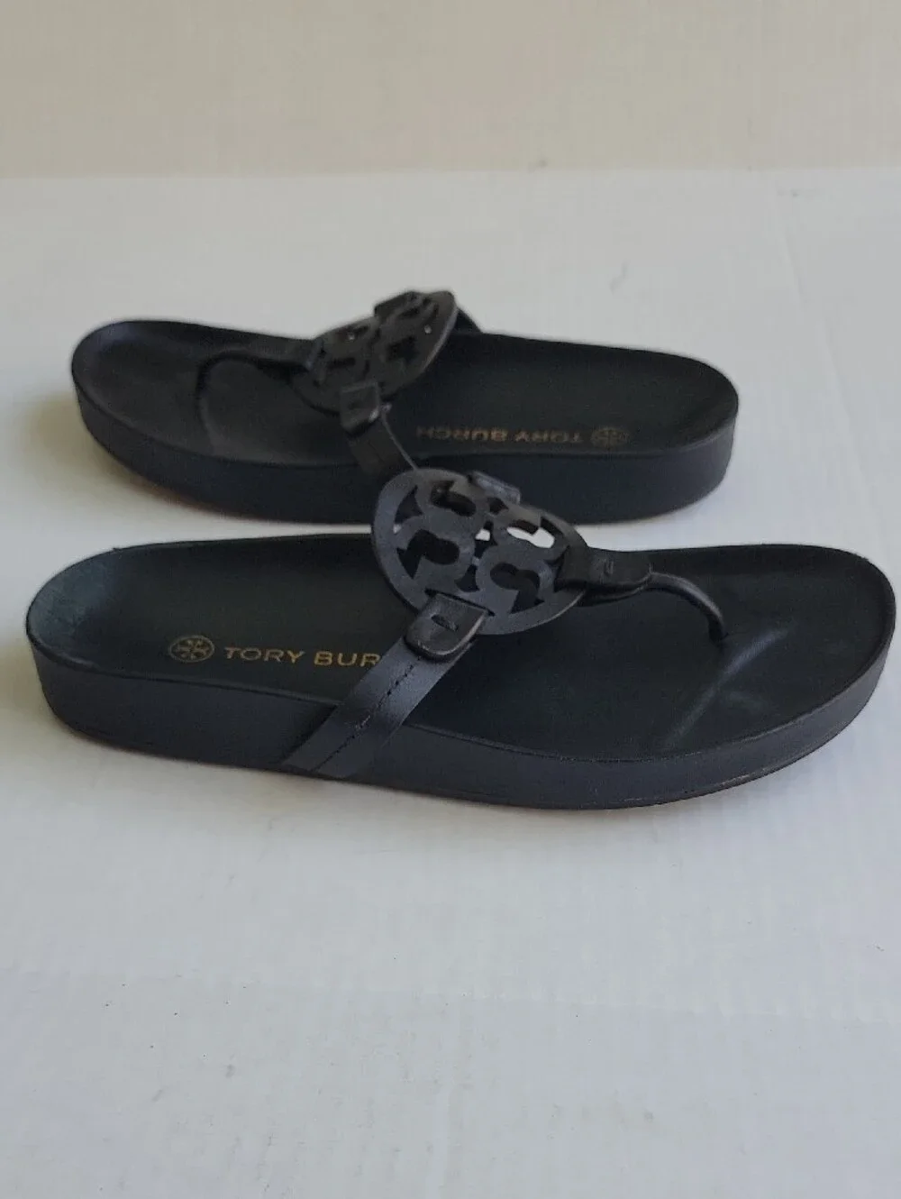 Tory Burch Black Leather Logo Thong Sandals